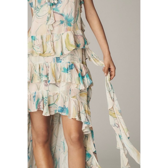 Maeve Anthropologie Watercolor Floral Ruffle Hi-Low Dress Sz XS Fairy Romantic - Picture 14 of 14